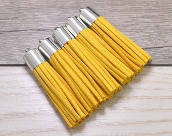 20pcs Medium Tassels 1.96'',Golden Yellow Tassels,Tassel Keychain,Silver Copper Cap,Tassel Earrings,Fringe,Faux Leather Tassel Charm 50mm