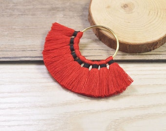 2pc-Large Fan Tassels(2.18'' inch),Red Cotton Tassels in Gold Round Metal Ring/Loop,Cotton Tassel Earrings,Tassels for Jewelry Making-1#