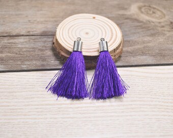 Könnte beinhalten: Zwei leuchtend violette Quasten mit silberfarbenen Metallkappen. Die Quasten bestehen aus feinen Fäden, und die Kappen haben oben eine kleine Schlaufe. Der Hintergrund ist eine hellfarbige Holzoberfläche.