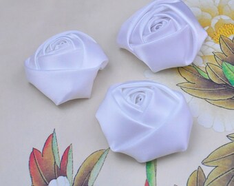 15pcs Wholesale Satin Rose Flower,White Large Satin Rolled Rosettes Embellishments,Hairbow Supplies,Hair Accessories 45x20mm