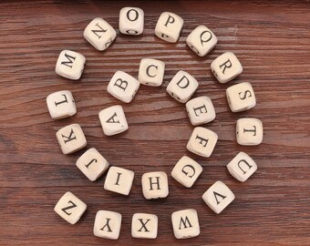A-Z Alphabet Wood Bead--100Pcs Square Natural Wooden Bead 10mm，Printed Letter beads