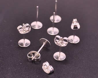 Silver Plated Earring Studs--100 pairs 6mm Nickel free Flat Pad Blank ,Silver Earring Post With Back Stoppers Earnuts,6x12mm