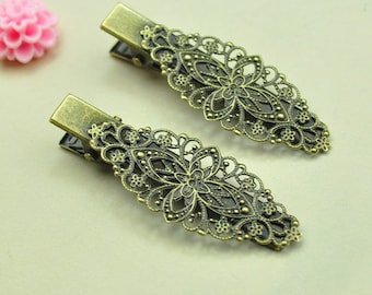 Flower Hair Clips-18pcs Antique Bronze Vintage Barrette Clips.Filligree Flower French Hair Clips 56x21mm