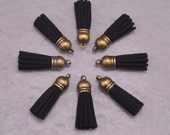 Tassels,25pcs Black Suede Leather Tassels,Fringe Tassels ,Faux Leather Tassel With Antique Bronze Cap Charm Pendants--38x10mm