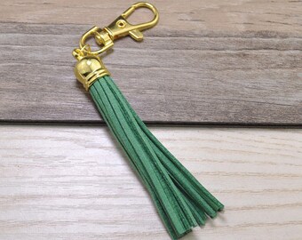 3pcs Long Tassels Keychains,Green Suede Leather Tassel,Gold Plastic Cap,Gold Metal Key Clasp,Keychain Tassels Pendant,Tassel Bag Charm