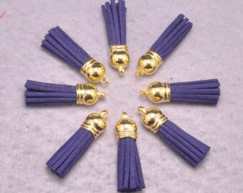 Tassels,25pcs Dark Blue Suede Leather Tassels, Fringe Tassel,Faux Leather Tassel With Gold Cap Charm Pendants--38x10mm