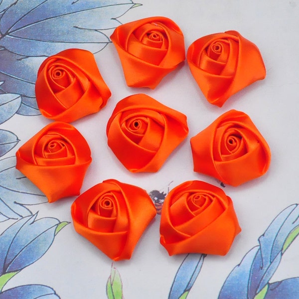 Wholesale Satin Rose Flower,20pc Orange Satin Rolled Rosettes Embellishments,Hairbow Supplies,Hair Accessories 35x18mm