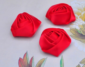 15pcs Wholesale Satin Rose Flower,Red Large Satin Rolled Rosettes Embellishments,Hairbow Supplies,Hair Accessories 45x20mm
