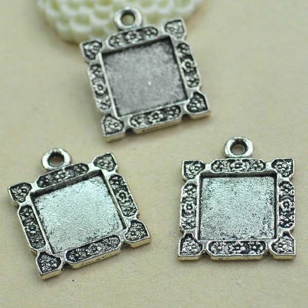 Square picture Frame Charms--15pc Antique Silver Square picture Frame Tray charm pendants .Cabochon Base Setting11x11mm