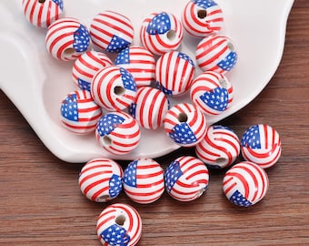 20Pcs/50Pcs 16mm Round wood USA Flag Beads,Spacer beads,Necklaces-bracelet Wooden beads Charm, American Flag Pattern,Wholesale