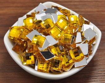 Square Rhinestone,Acrylic Rhinestone-10mm Square Faceted Flat Back Yellow Rhinestones for Embellishment,Supply for Crafts, Art Projects