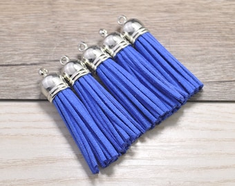 20pcs Medium Tassels Craft 2'',Royal Blue Suede Leather Tassels 52mm,Fringe Tassels Fiber Tassel,Silver Plastic Cap,Keychain Tassels Jewelry