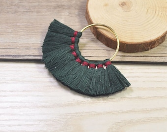 2pc-Large Fan Tassels(2.18'' inch),Blackish Green Cotton Tassels in Gold Round Ring/Loop,Tassel Earrings,Tassels for Jewelry Making-46#