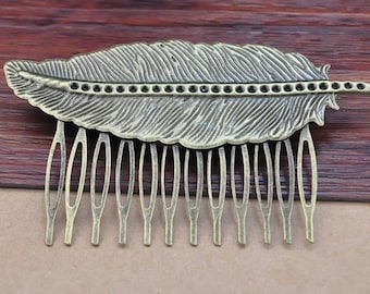 Antique Bronze Metal Comb- 10pcs Metal Filigree Leaf Hair Combs 14 teeth Hair Findings 64x38mm (NICKEL FREE)