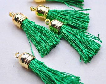 25pcs Green Silk Tassels,Fringe Tassels Fiber Tassels With Gold Cap Charm Pendants 40x10mm