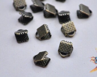 Ribbon Crimp Clasps-50pcs Ribbon Clamps Antique Bronze Cord Coupler Band fastener Clips Crimp Ends 6mm