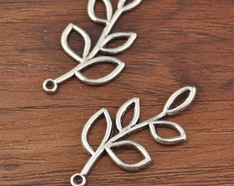 BOONEE Design, Tree Branch Charms For Necklace, Foliage Pendants For Keychain Antiqued Silver Tone 18 x 38 mm-B3219