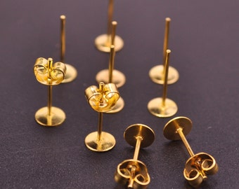 Gold Earring Studs--20 pairs 5mm Flat Pad Blank ,Gold Plated Earring Post With Back Stoppers Earnuts,5x12mm