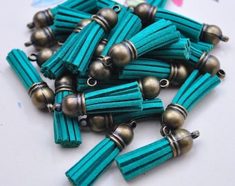 Tassels,25pcs Tornado Blue Suede Leather Tassels,Fringe Tassels ,Faux Leather Tassel With Antique Bronze Cap Charm Pendants--38x10mm