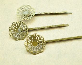 Metal hair clips, 15pcs Antique Bronze bobby pins Round filigree flower pad 20 mm