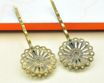 Metal hair clips, 20pcs Antique Bronze  bobby pins Round filigree flower pad 55 mm