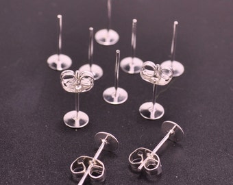 Silver Plated Earring Studs--100 pairs 5mm Nickel free Flat Pad Blank ,Silver Earring Post With Back Stoppers Earnuts,5x12mm