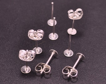 Silver Plated Earring Studs--50 pairs 4mm Flat Pad Blank ,Silver Earring Post With Back Stoppers Earnuts,4x12mm