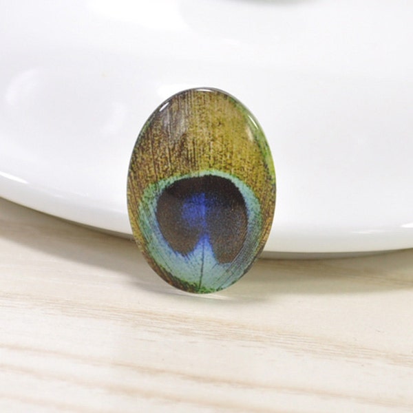 10pcs--18x25mm Handmade Photo Glass Cabochon -- Oval Flat Back  Cabochons Beads - Peacock #2