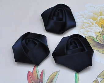 15pcs all'ingrosso fiore in raso, raso nero grande laminati capelli abbellimenti, forniture Hairbow, rosette accessori 45x20mm