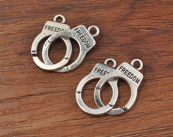 Handcuffs Charm, Police Charm, Police Handcuffs,Handcuffs Pendant,Antique Silver Tone Two Sided 20X15mm - B4473