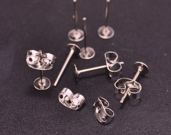 White K Earring Studs--100 pairs 4mm Flat Pad Blank ,White K Earring Post With Back Stoppers Earnuts,4x12mm