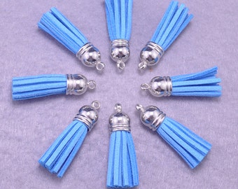 25pcs Island Blue  Leather Tassels,Fringe Tassels Fiber Tassels With Silver Cap Charm Pendants 38x10mm