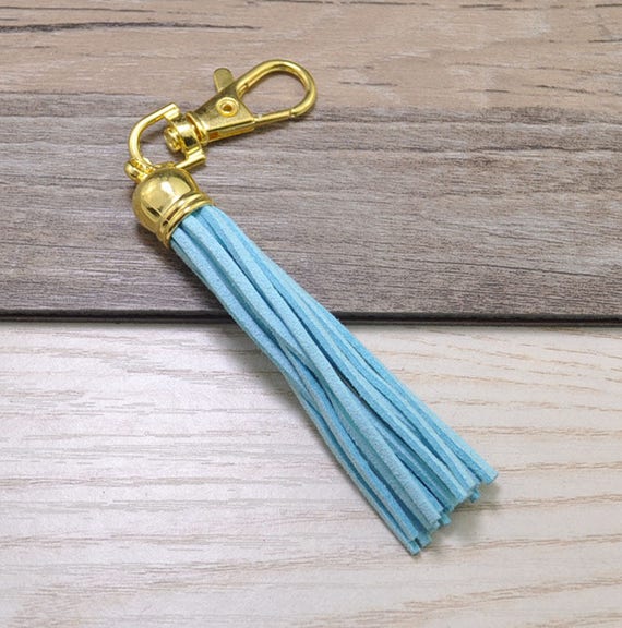 3pcs Long Tassels Keychains,light Blue Suede Leather Tassel,gold