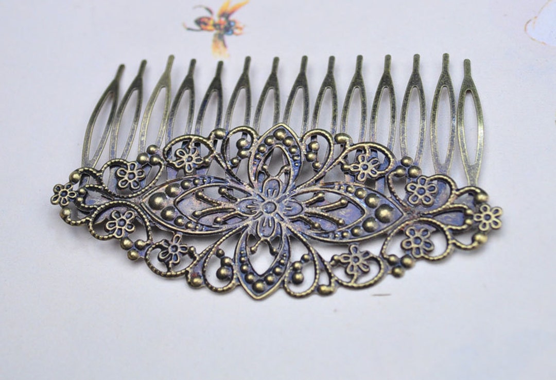 Antique Bronze Metal Comb 10pcs Metal Hair Combs 14 Teeth With Filigree