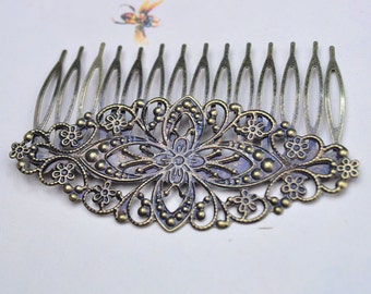 Antique Bronze Metal Comb- 10pcs Metal Hair Combs 14 teeth with filigree flower 15x40mm (NICKEL FREE)