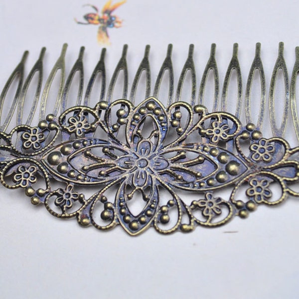 Antique Bronze Metal Comb- 10pcs Metal Hair Combs 14 teeth with filigree flower 15x40mm (NICKEL FREE)