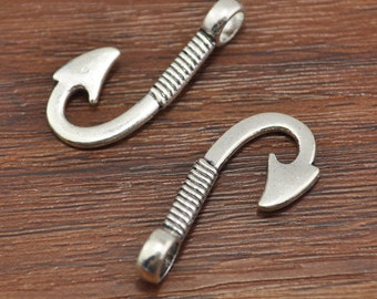 50pcs Fish Hook Charms Antiqued Silver 3D Fishing Charms Fisherman 30x13mm -B3498