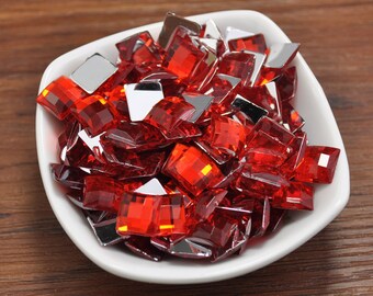 Square Rhinestone,Acrylic Rhinestone-10mm Square Faceted Flat Back Red Rhinestone for Embellishment,Supply for Crafts, Art Projects