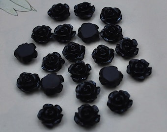 50pcs Rose Charms--Black Resin Rose Flower Cabochon 8mm/Flat back Necklace, Pendants.