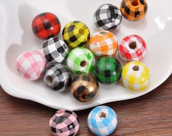 20 Pcs/50Pcs,14 Colors,16mm Wooden Buffalo Plaid Beads,Round Wooden Beads,Buffalo Beads,Checkered Beads,Wood Beads,Craft beads