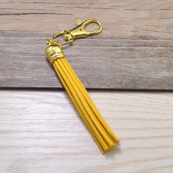 3pcs Long Tassels Keychains,Golden Yellow Suede Leather Tassel,Gold Plastic Cap,Gold Metal Key Clasp,Keychain Tassels Pendant,Tassel Bag