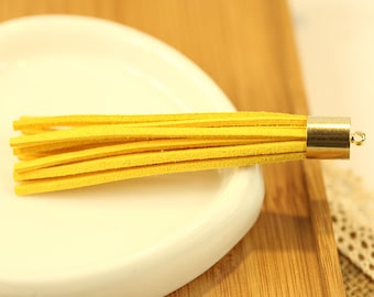 Golden Yellow Leather Tassel,Tassel Keychain,30pcs Long Leather Tassel Fiber Tassel Fringe Tassel With Metal Gold Caps Charms 80x10mm,