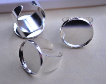 Silver Plated Rings-10pcs Adjustable Brass Ring Base With Round Copper Tray,20mm Inner Diameter Ring Blanks