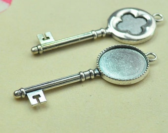 Key Charms-- 6pc Antique Silver Key  Frame Charms Pendants Cabochon Base Setting 62x22mm