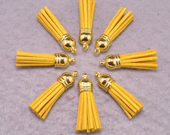 Tassels,25pcs Golden Yellow Flash Suede Leather Tassels, Fringe Tassel,Faux Leather Tassel With Gold Cap Charm Pendants--38x10mm
