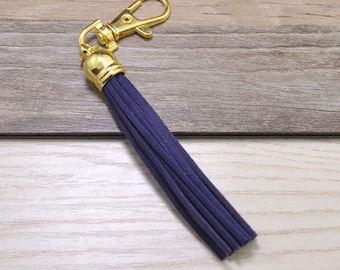 3pcs Long Tassels Keychains,Navy Suede Leather Tassel,Gold Plastic Cap,Gold Metal Key Clasp,Keychain Tassels Pendant,Tassel Bag Charm