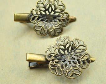 Metal hair clips hair brooch, 20pcs Antique Bronze hair pins Round filigree flower pad 43mm