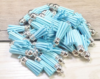 Small Suede Tassels 1.5'',Light Blue Faux Leather Tassels,Silver Cap,Fringe Tassels,Keychain Tassels,Tassels For Handbags / Shoes-20pc-#25