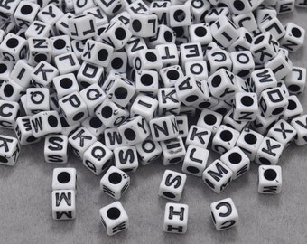 200pcs Alphabet Beads,7mm White Cube Beads,Black Color Letters-Acrylic Beads-Plastic Beads With 4mm Diameter Hole