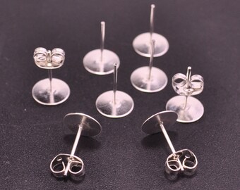 Silver Plated Earring Studs--50pcs pairs 8mm Flat Pad Blank ,Silver Earring Post With Back Stoppers Earnuts,8x12mm
